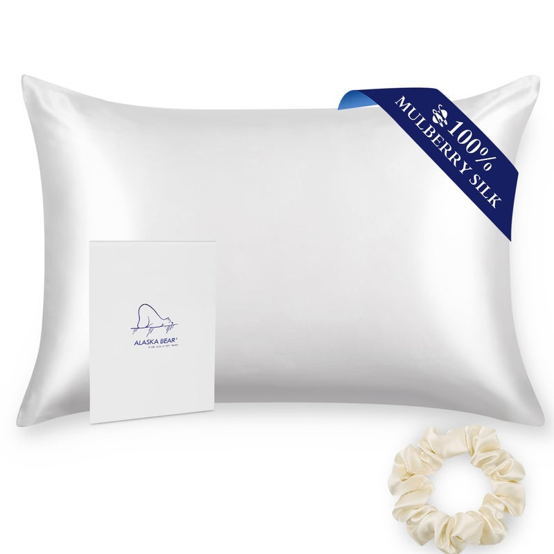 Alaska Bear Silk Pillowcase for Hair and Skin, 100% Mulberry Silk Pillow Cases Queen Size for Beauty Sleep with Random Scrunchy Gift Set Better Than Poly Satin Cover, 1pc, Cool White - Image 1